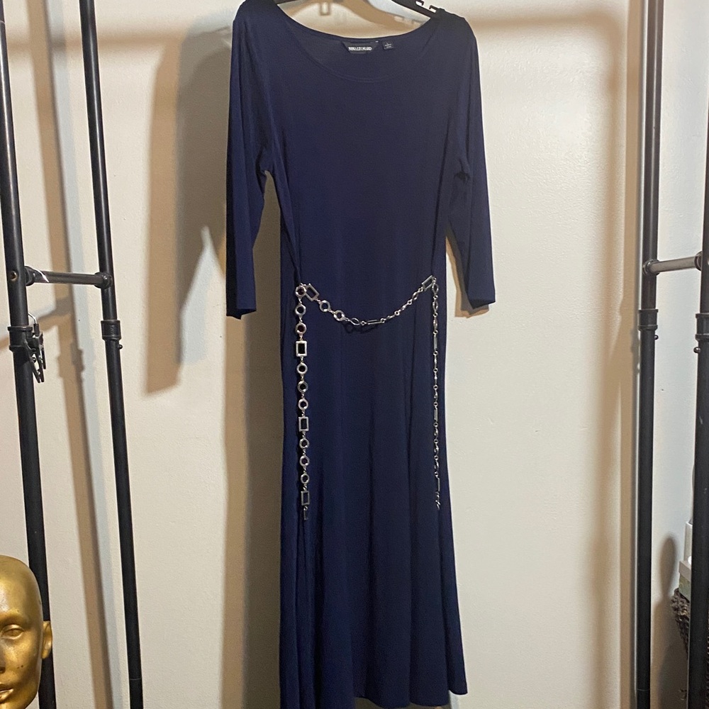 Nina Leonard Navy Blue Long Sleeve Maxi Dress with silver Chain Belt